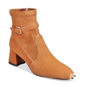 THINGS II COME Tan Faux Suede Gold Trim Buckle Block Heel Ankle Boots Womens 11M